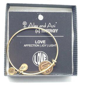 Alex And Ani LOVE Russian Gold Charm Bangle Tag Card and Box